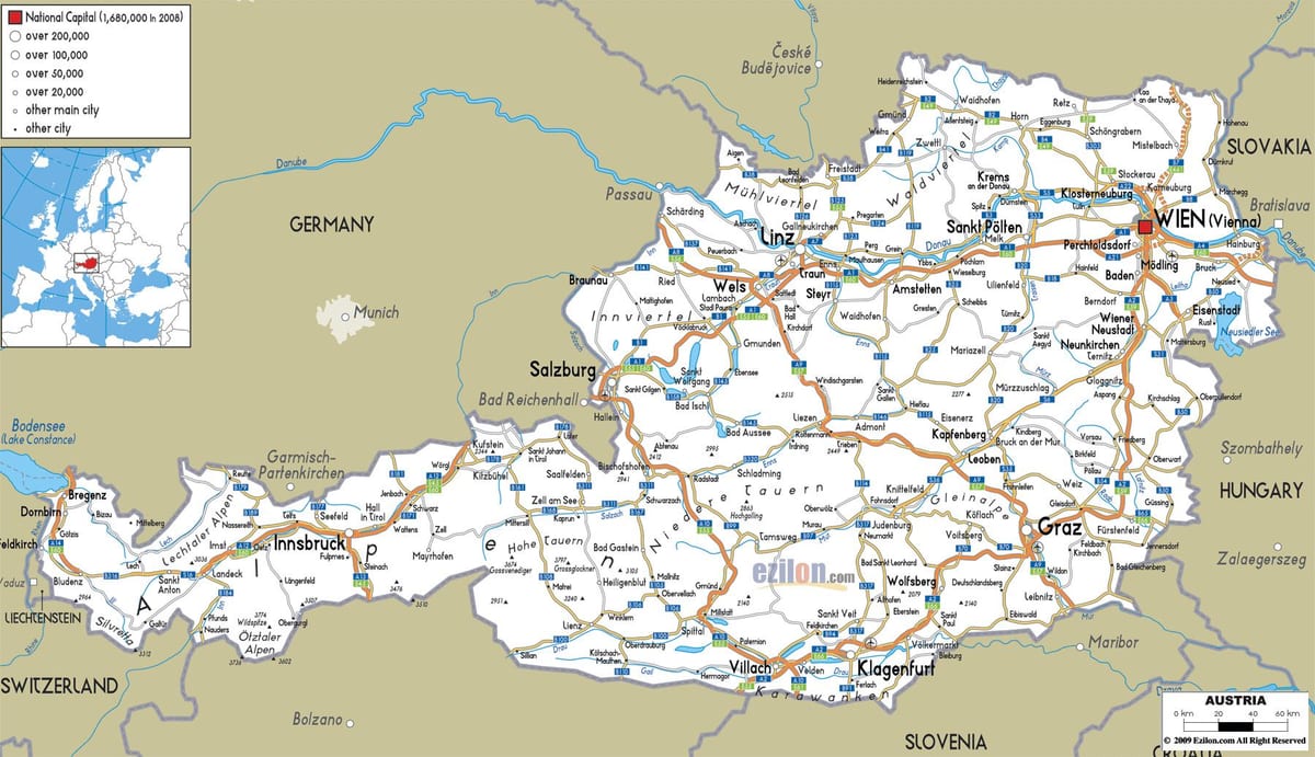detalizēta karte ar pilsētām austrija