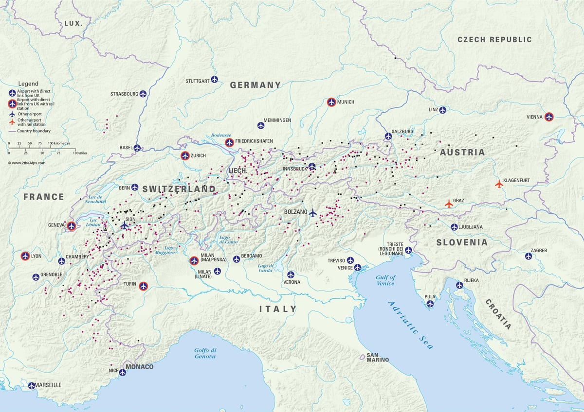kartē austrijas slēpošanas kūrortiem lidostas
